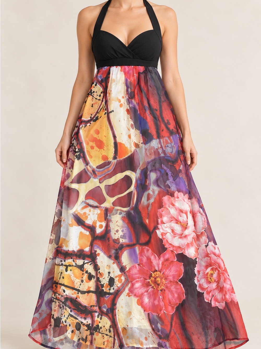Ruby Rox Black Halter Maxi Dress with Red & Pink Floral Print